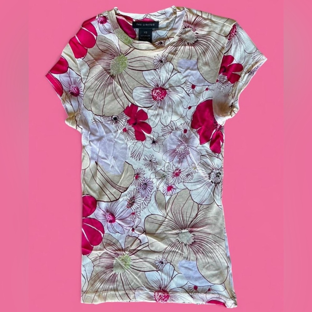 Vintage Y2K The Limited Sheer Floral Long Lean Fit Cap Sleeve Crewneck Top
